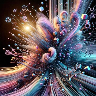 The primary subject of the image is a vibrant and colorful digital artwork featuring a swirling, flowing design with various shapes and colors. The setting is a black background, which contrasts with the artwork and draws attention to the intricate patterns and details. The visual style is a mix of digital art and illustration, creating a unique and captivating piece. The dominant colors in the artwork are pink, blue, and purple, giving it a lively and energetic atmosphere.